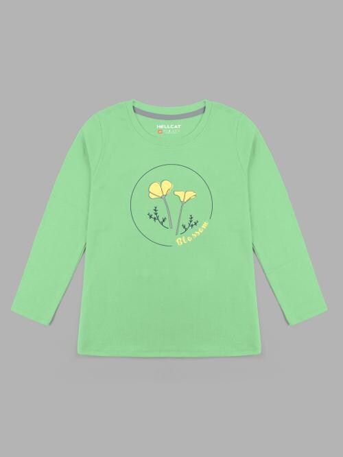 HELLCAT Pista Green Trendy Printed Round Neck Full Sleeve Tshirts / Tops for Girls.