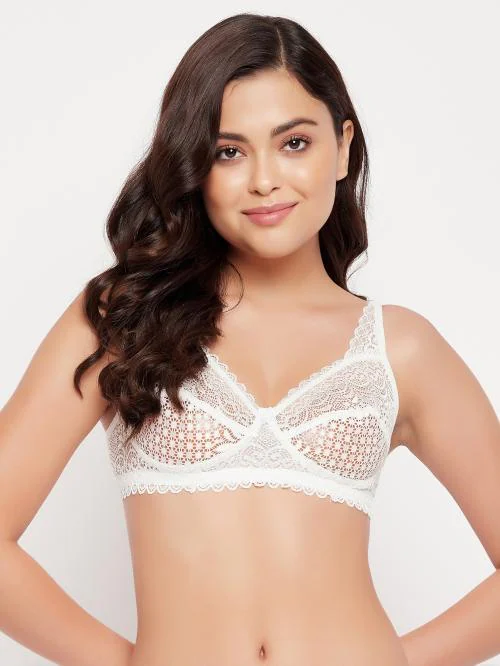 Clovia Non-Padded Non-Wired Full Cup Bra in White - Lace
