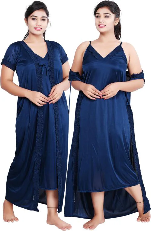 Loody'S Women Blue Solid Pure Satin Night Dress Nighty With Robe (Free Size) | Pure Satin Nighties | Free Size Nighties | Night wear | Sleepwear / Night Dress