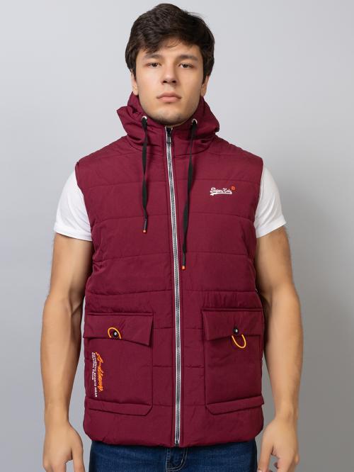 XOHY Men Winter Zipper Jacket With Hoodi, Sleeveless Jacket, Front Pocket, Cotton Blend Jacket For Men-Maroon