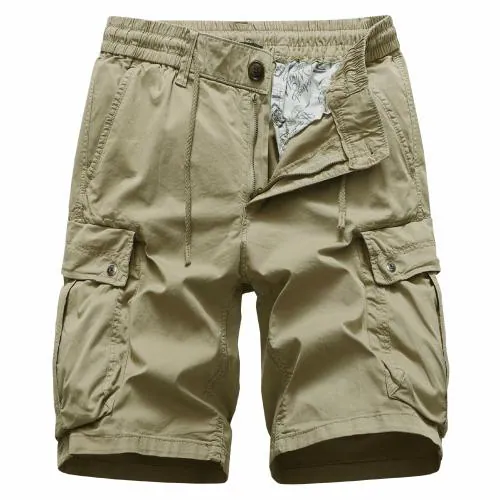 L'MONTE Imported Men's Cotton Cargo Shorts - Lightweight Outdoor Casual Wear with Elastic Waist Drawstring and Multi Pockets(32, Khaki)