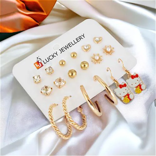 LUCKY JEWELLERY Fashion 9 Pairs Combo Set Of Latest Earrings Stone Studs Heart, Floral Tops Earing Gold Plated Meenakari Kitty Dangle and C Shaped Hoops Earring for Women & Girls (175-CHEX-1158-9)