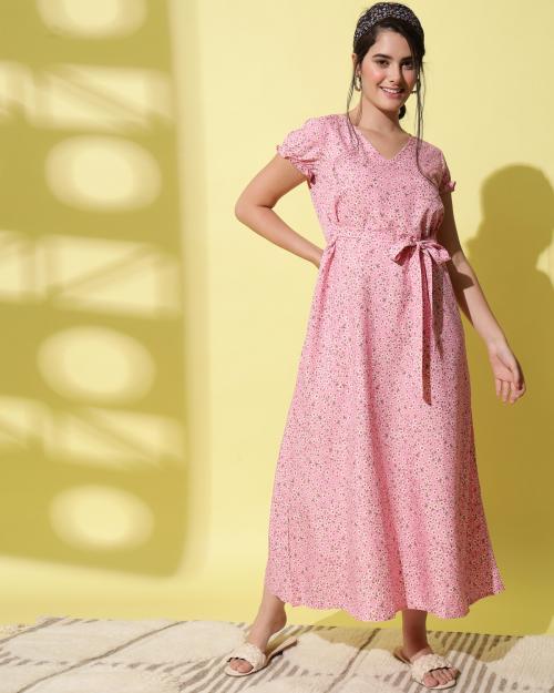 My Swag Women's Pink Color Floral Print A-line Maxi Dress