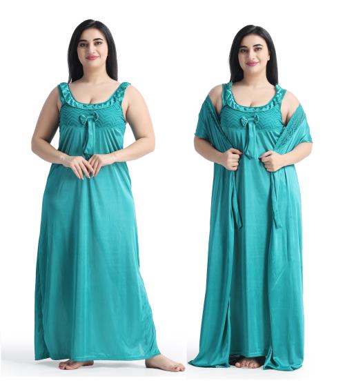 Night keys Women's Satin Plain/Solid Rama Green Nightwear & Nighties Set Pack of 2 (Free size)