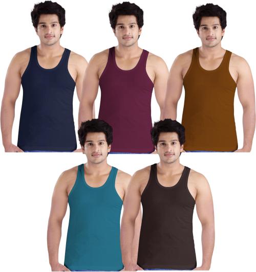 Mg Akash Men Multicolor Solid Cotton Pack Of 5 Vest (95)