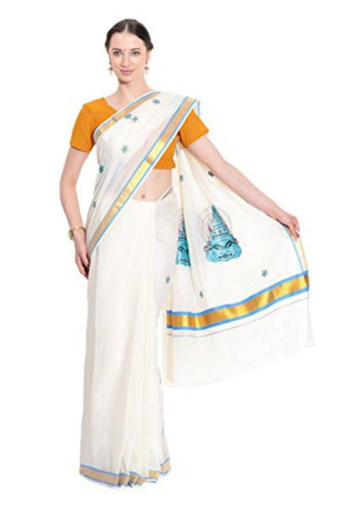 Fashionkiosks Women Cotton Kathakali Face Embroidery Kerala Kasavu Saree With Blouse Piece