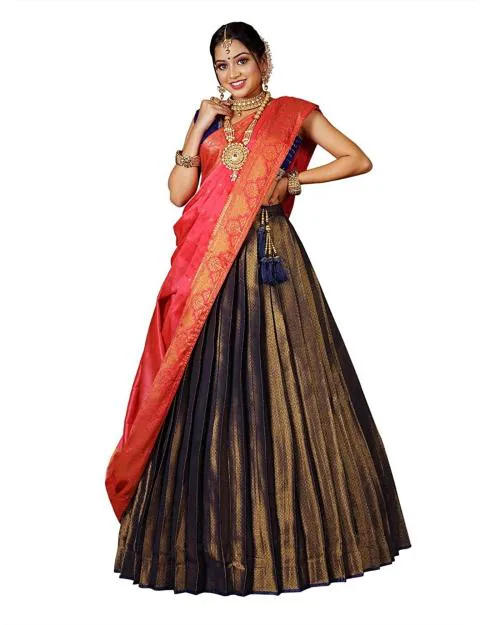 HALFSAREE STUDIO Women Navy Blue and Red Zari Banarasi Lehenga with Blouse and Dupatta