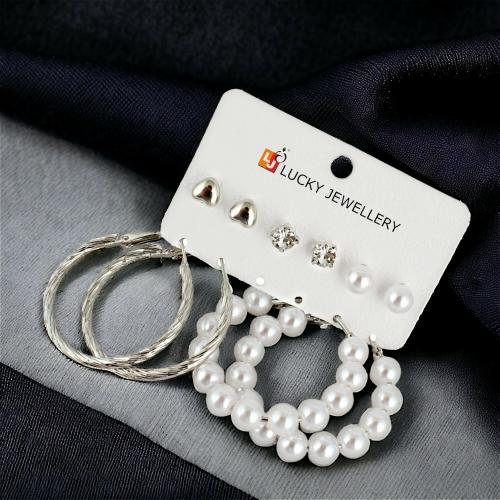 LUCKY JEWELLERY Fashion 5 Pairs Combo Set Of Latest Earrings Silver Plated Heart Shaped Tops Earing Pearl Stud and Hoops Earring for Women & Girls (210-CHEX-1189-S-5)