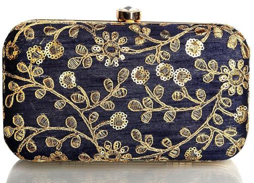 Tooba Handicraft Blue Velvet Women Designer Clutch Bag With Chain Strap