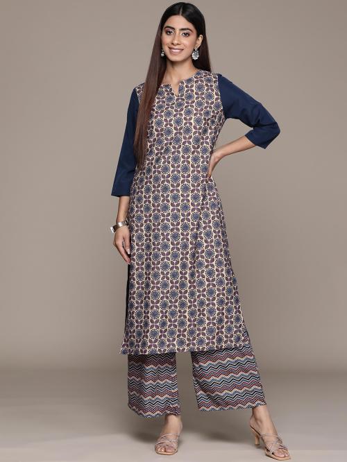 Ziyaa Women's Blue Crepe Straight Kurta And Palazzo Set