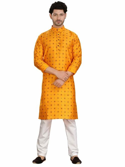 Encino Mens Yellow Printed Silk Jashn Collection Kurta Suit
