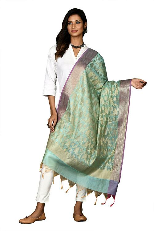 Naveera Womens Sky Blue Floral Cotton Silk Blend Banarasi Dupatta