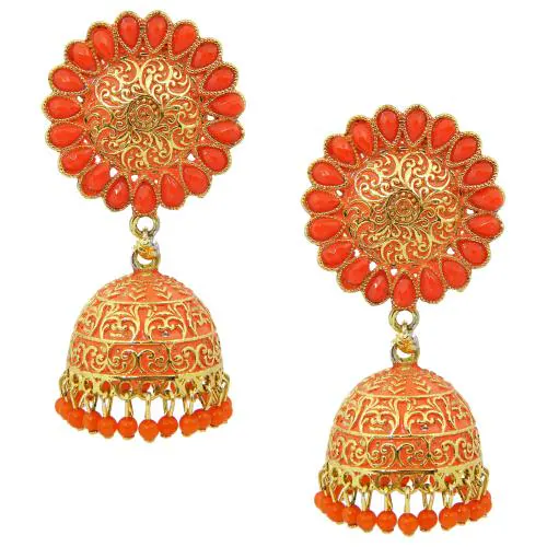Fresh Vibes Golden Big Size Orange Colour Traditional Jhumka Earrings for Women - Fancy & Stylish Wedding Use Heavy Ethnic Long Jhumki Earrings for Girls
