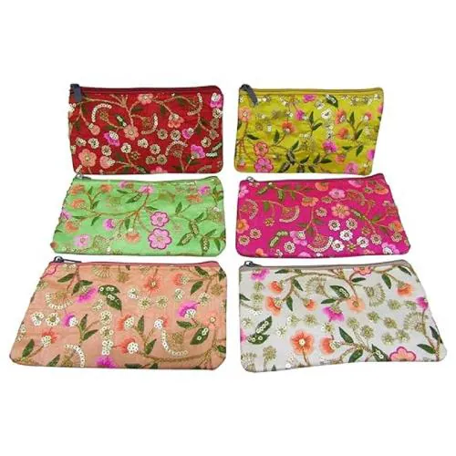 GoldGiftIdeas Traditional Embroidery Pouch Purse for Women with Zipper, Potli Pouches for Baby Shower, Potli Purse for Ladies, Potli Bags for Return Gift, Wedding Favor Gift Bags (Pack of 5)