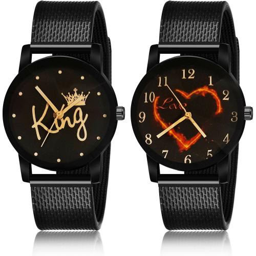 NEUTRON Brand New Wrist King And Heart Love Valentine Black Colour Analog Metal Belt 2 Watch Combo For Boys And Men - BCPL24-BCPL28