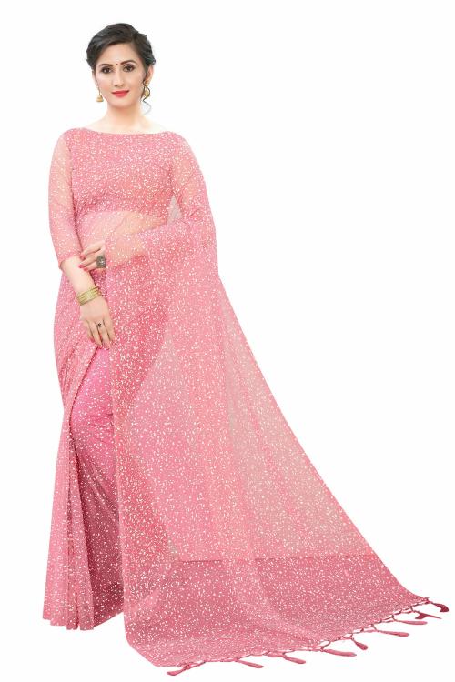 Crally Light Pink Self Designer Party Wear Net saree for woman