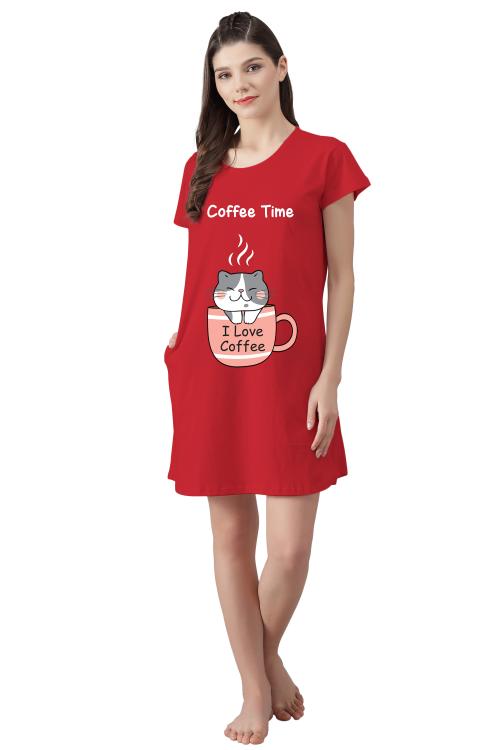 FflirtyGo Women's Red Color Coffee Time Printed Cotton Short Nighty