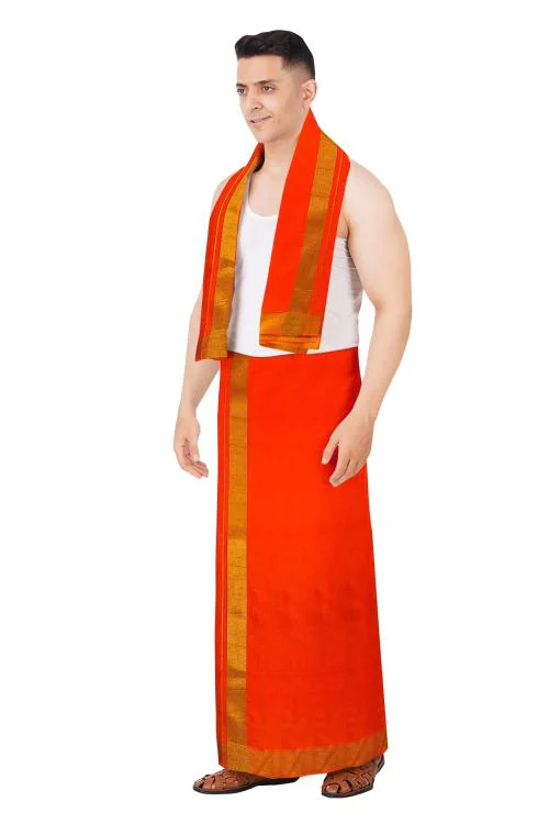South Indian Men's Cotton Dhoti Towel set with Golden Jari Border for Pooja | 9X5 [Orange]