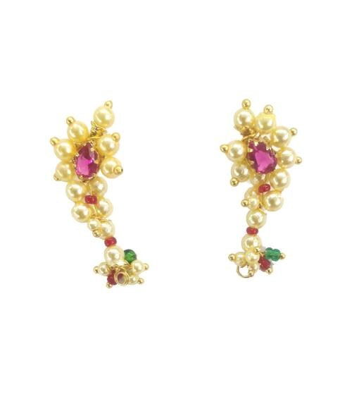 Indian Mores Traditional Maharashtrian Pink Stone and Beads Gold Plated Earrings With Piercing for Girls and Women
