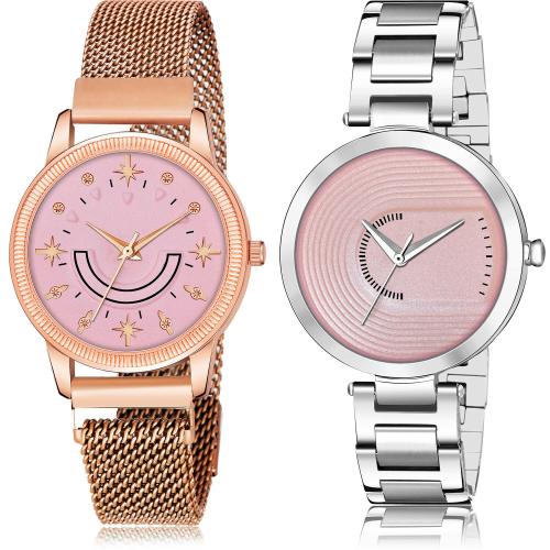TIMENTER Latest Party Wedding Star Magnet Chain And Chain Rose Gold And Silver Colour Analog Metal Belt 2 Watch Combo For Women And Girls - GW72-GM218