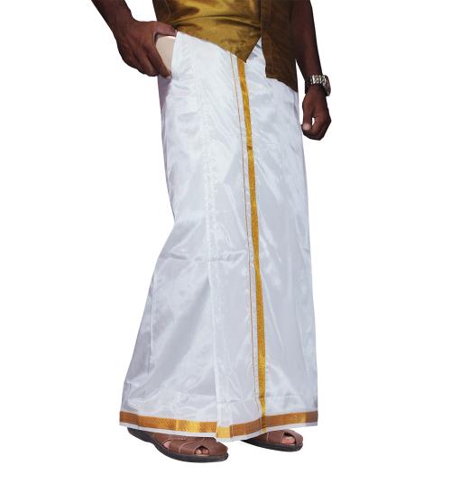 Prakasam coton mens Silk Look Asha (Hip Size-30 Inch) White Colour wedding Silk dhoti with golden Jari border Readymade dhoti with pocket dhoti