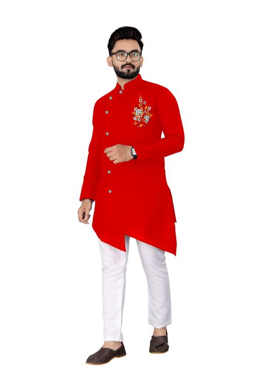 KC Kunj Creation Men Wedding Solid Kurta With Chudidar Red (3XL)