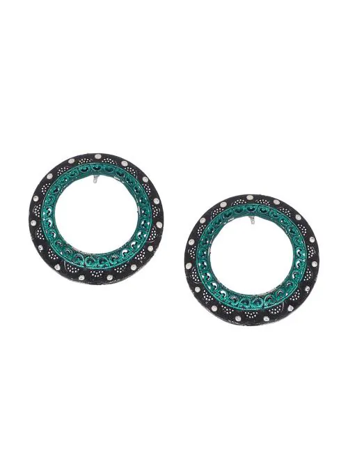 Shoshaa Green Brass Silver Plated Circular Stud Earring For Women