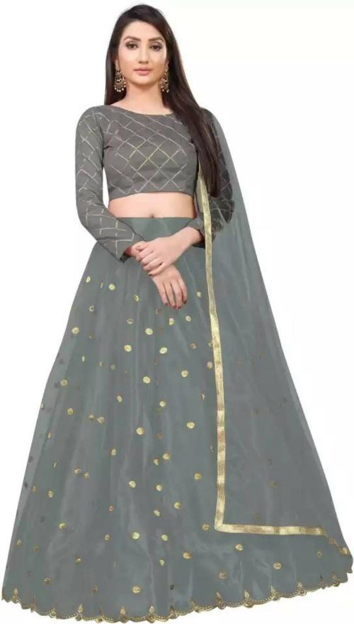 Vajiba Women Grey Self Design Net Wedding Semi Stitched Lehenga Choli, Unstitched Blouse Piece