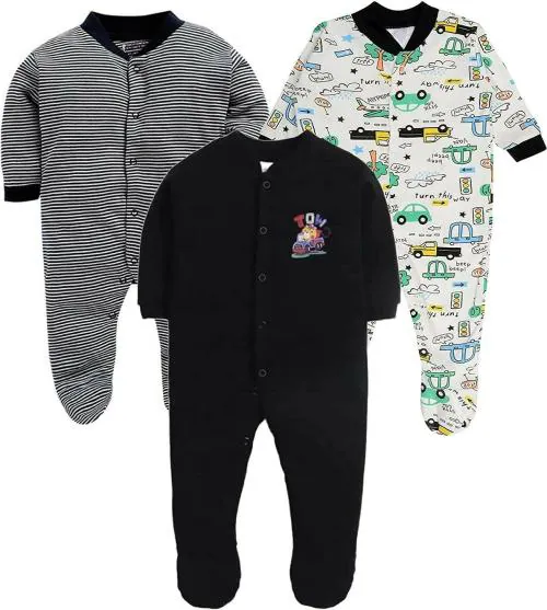 MM IMPEX Baby Boys and Girls Black Printed Cotton Blend Pack of 3 Romper 0-3 MONTHS| Rompers |Sleepsuits | Jumpsuit |Body suits