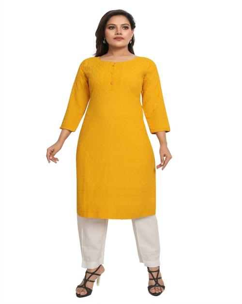 Meniki Women's Chikan Embroidered Cotton Blend Straight Fit Kurti with 3/4th Sleeves| Casual Style Kurtis