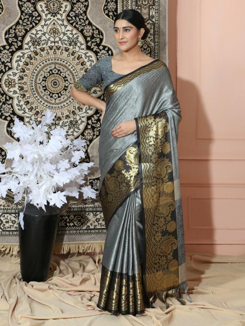 Dwini Women Grey Woven Cotton Blend Kovai Saree