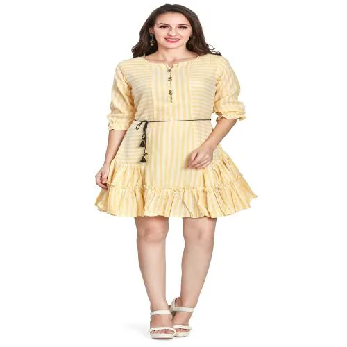 nioni Printed Midi Dress Western Dress for Women| Cotton Striped Printed Short Kurti| Designer Casual Short Midi Dresses 3/4 Sleeve (Lemon Yellow, XXL)
