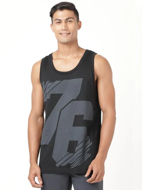 Jockey 9928 Men's Super Combed Cotton Rich Graphic Printed Low Neck Tank Top With Stay Fresh Treatment - Black