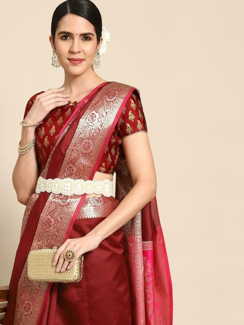 Maroon Kanjeevaram Oxidised Zari Silk Saree With Contrast Rich Pallu, Border