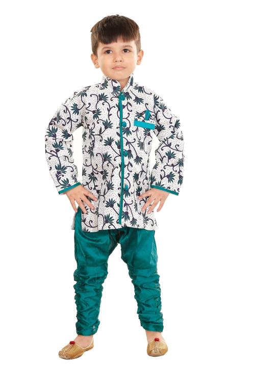 CELEBRITY CLUBBoysGreenPrintedArt SilkSingleFlower Sherwani
