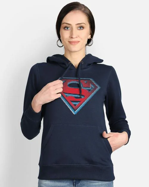 Free Authority Superman Printed Navy Blue Hoodie For Women