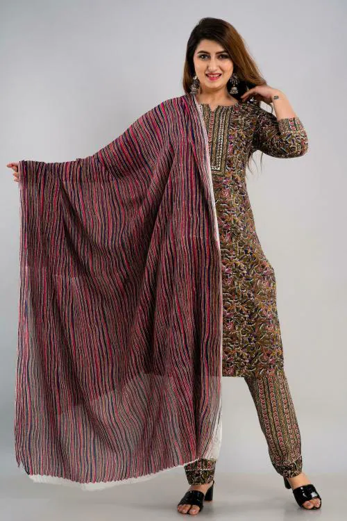 JAIPUR STYLE FEVER Womens Cotton Cambric Jaal Print Straight Kurta Pant Dupatta Set (Multi)