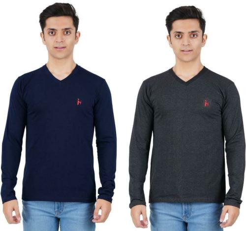 Buy MERINO Men Blue and Grey Solid Cotton Blend V Neck T-Shirt - L ...