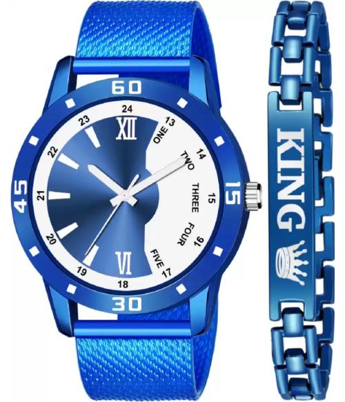 Goldenize fashion Analogue Blue Multicolor Dial with King Bracelet Wacht for Men's & Boy's Combo Watches