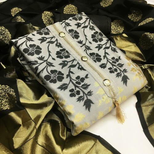 Sainoor Women Free Size Grey Embroidered Cotton Blend Semi-Stitched Dress Material