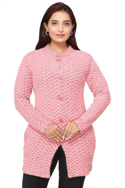 SEWISTA Women Self Design Collared Neck Pink Sweater