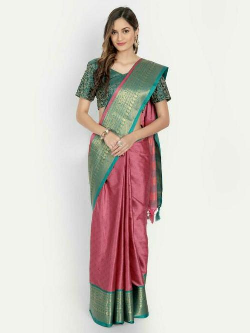 JUHI COLLECTION Kausaliya Silk Self Design, Woven, Embellished Cotton Silk Saree for Women (Pink)