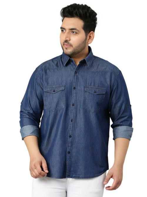 GUNIAA Denim Blue Single Pocket Full Sleeve Shirt Men's Plus Size