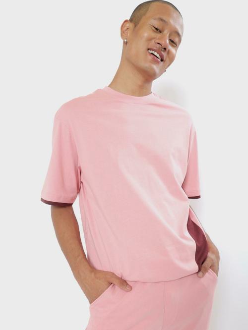 Bewakoof Men's Cheeky Pink Color Block Round Neck Short Sleeve Oversized T-shirt