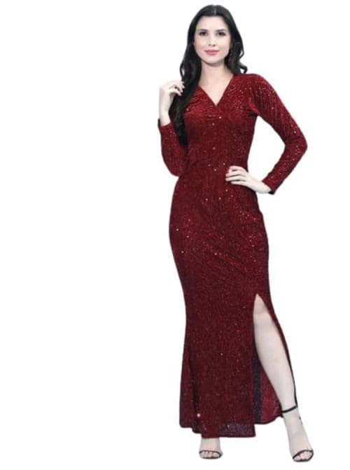 Axelus Women Maroon Velvet Long Straight Fit Dress Gown