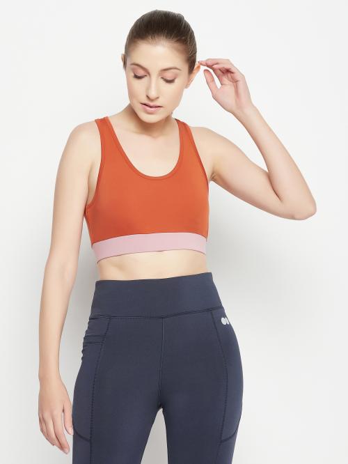 Clovia Orange Solid Polyester Sports Bra