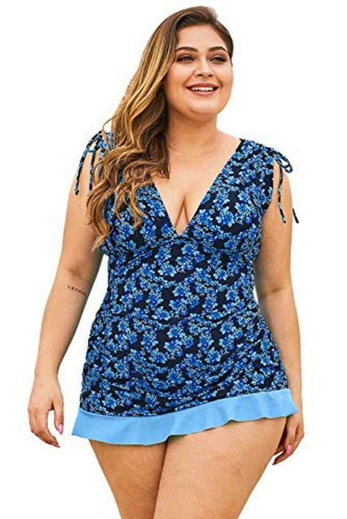 Plus Curvves Blue Plus Size Grecian Skater Ruched Tankini Swimwear with Panty - 6XL