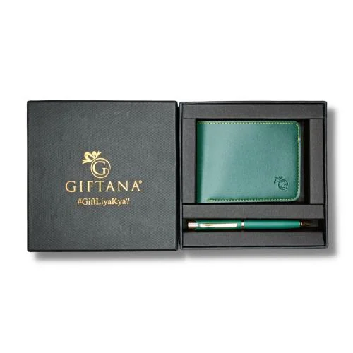 Giftana Wallet and Pen Set Secret Santa Gifts for Friend / Colleague, 2 in 1 Gift Set for Men, Leather Wallet and Pen Combo for Men Birthday Gift, Diwali Gifts, Christmas Gifts (Green)