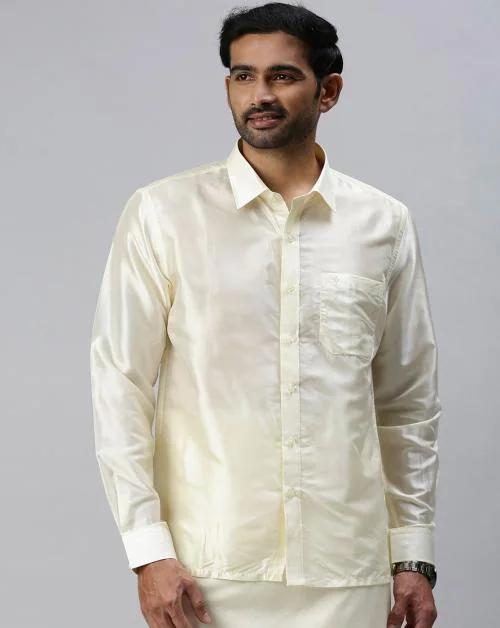 RAMRAJ Men's Cream Solid Silk Full-length Sleeve Shirt