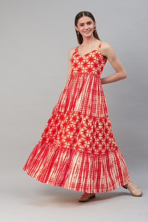 KAKA ENTERPRISES Casual Cotton Sleeveless Floral Printed Long Anarkali Gown Dress for Women's Red